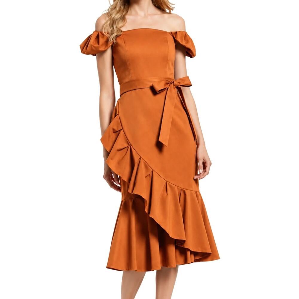 Antonio Melani Lara ruffle dress Golden Oak Mustard Size 4 Off Shoulder A011069